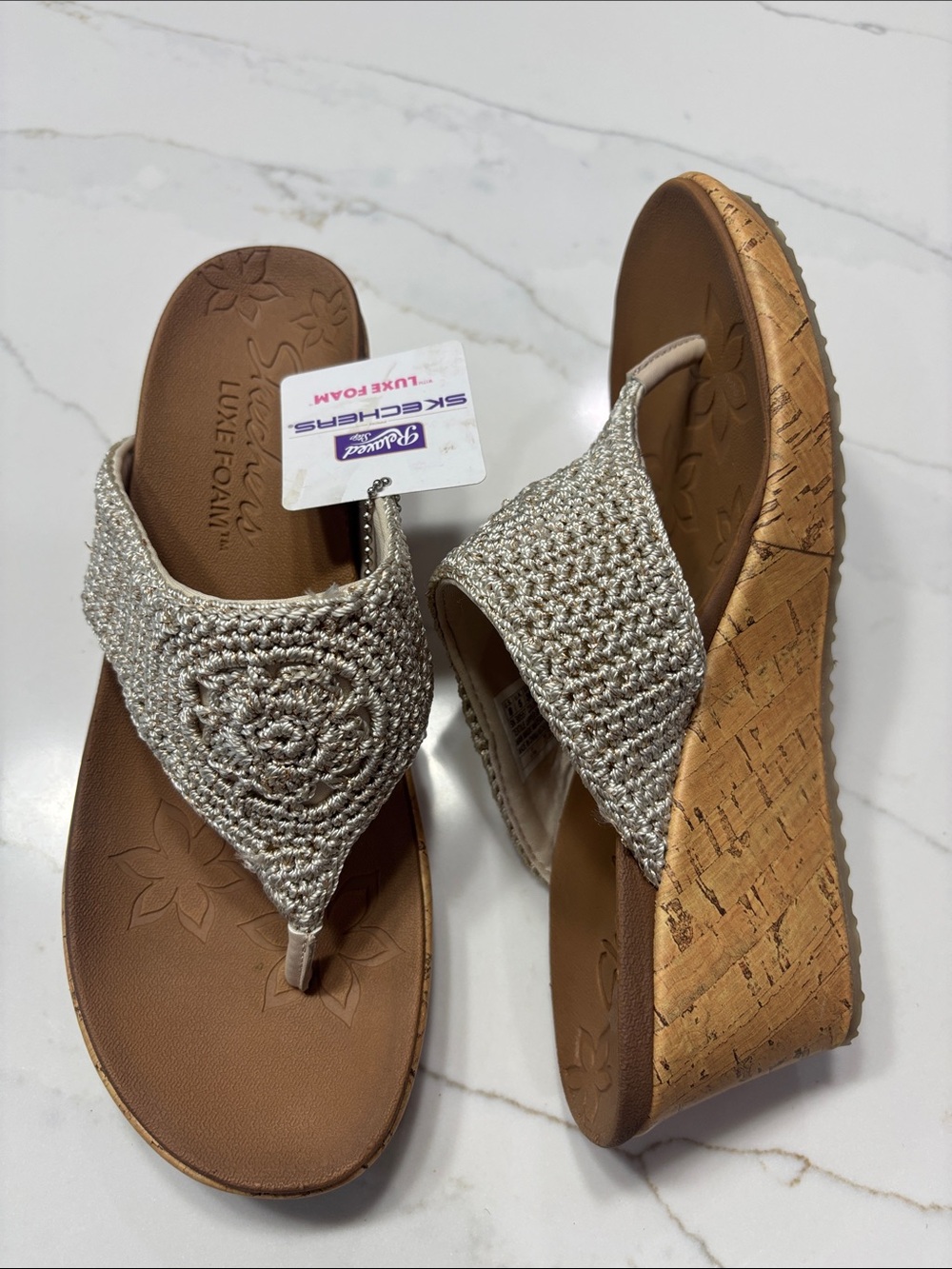 Skechers Silver Beaded Cork-Look Wedge Thong Sandals